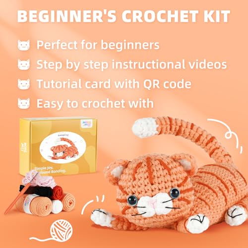 Image of MOREJMTT Crochet kit for Beginners Adults, Learn to Crochet, Include Easy Knitting Soft Yarn, Step-by-Step Video Tutorial, Hook, Holiday Birthday Gift (Orange cat)