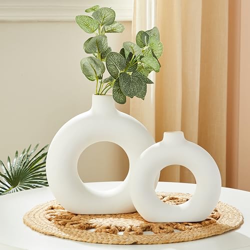 Image of Amazon Basics Modish Ceramic Donut Shaped Vase | for Unique Home Decor (Pack of 2 | White)