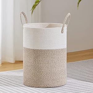 VIPOSCO Large Laundry Hamper, Tall Woven Rope Storage Basket for Blanket, Toys, Dirty Clothes in Living Room, Bathroom, Bedroom – 58L White & Brown