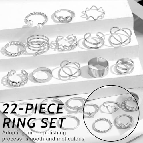 NJCXOLA 22 Stücke Silber Ringe Set Verstellbare Finger Ringe Offene Knoten Verschiedene Stapelbare Gelenkschwanz Strand Schmetterlings Herz Schmuck für Frauen Mädchen