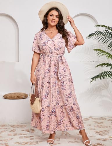 Image of ShopWonder Womens Plus Size V Neck Wrap Maxi Dress High Waist Ruffle Summer Casual Dress with Belt