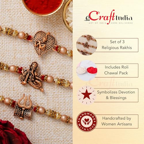 Image of eCraftIndia Rakhi Gift for Brother | Golden & White Beads Pearl Diamond Designer Bhaiya Bhabhi Rakhi Set