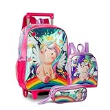 Kit Mochila De Rodinha Estojo E Lancheira Unicórnio Feminino