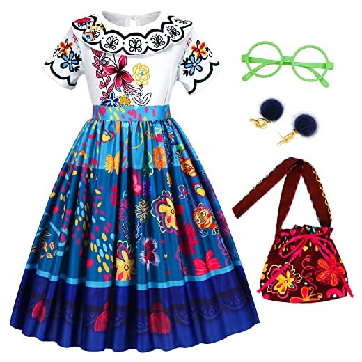 Foierp Disfraz Mirabel Encanto Niña - Disfraz de Isabella Dibujos Animados con Bolsa de Mensajero, Vestido Princesa Niña para Halloween Cosplay Carnaval Fiesta Festival