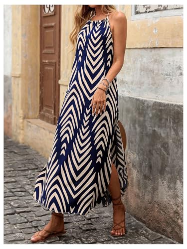 Image of SOLY HUX Women's Bohemian Backless Sleeveless High Slit Backless Maxi Dress for Women Flowy Dress for Beach Holiday