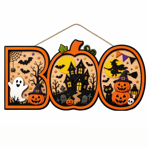 Image of Halloween Decorations - Halloween Wooden Boo Sign for Front Door