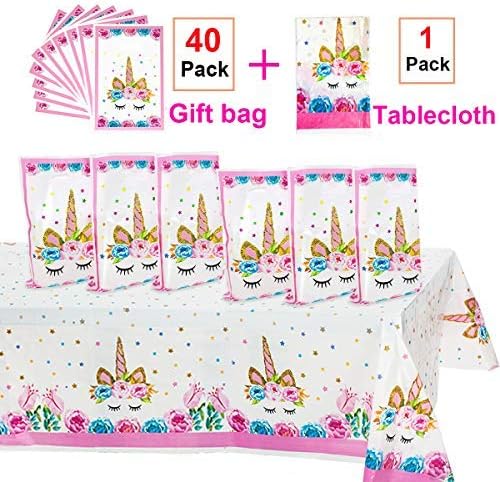 Unicorn Party Supplies,40 Pack Unicorn Plastic Party Bags & Unicorn Plastic Tablecloth Set,Unicorn Goodies Gift Treat Bags for Candy,Kids Birthday,Party Favors Unicorn Table Cover for Baby Shower