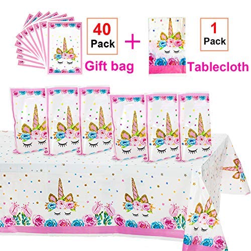 Unicorn Party Supplies,40 Pack Unicorn Plastic Party Bags & Unicorn Plastic Tablecloth Set,Unicorn Goodies Gift Treat Bags for Candy,Kids Birthday,Party Favors Unicorn Table Cover for Baby Shower
