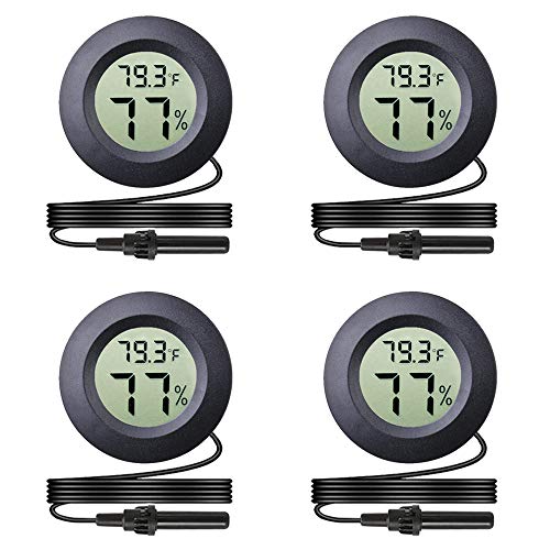 Veanic 4-Pack Mini Digital Round Hygrometer Thermometer Gauge with Probe Indoor Outdoor LCD Display Temperature Humidity Meter for Incubator Reptile Plant Terrarium Humidor Guitar Case