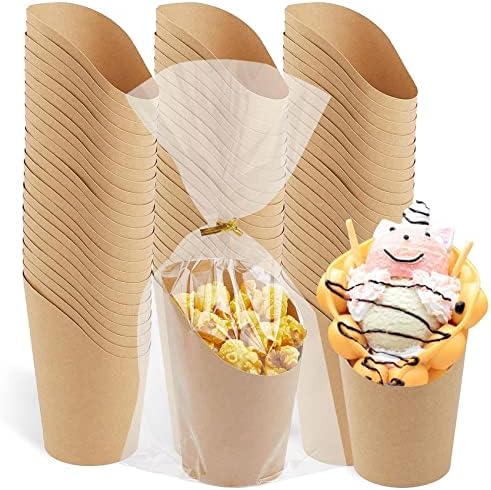 Ocmoiy 50Sets Disposable Kraft Charcuterie Cups with Bags, 14 oz French Fries Holder Paper Snacks Boxes Individual Party Serving Cups for Appetizers, Desserts (50 Cups + 50 Bags)
