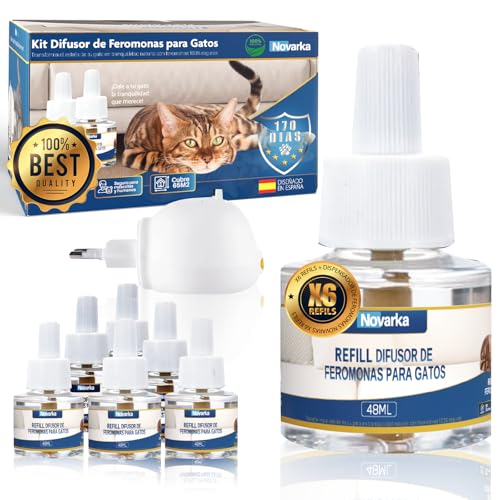Novarka® | MEGAPACK de 2 Difusores + 6 Recambios de 48ml (170 Días) de Feromonas para Gatos | Solución Natural de Ansiedad y Estres para Gato | Ideal para Hogares.