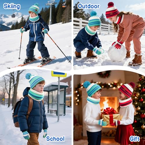 Image of Kids Winter Hat Gloves Scarf Set: Girls Boys Beanie Fleece Lined Ages 6-10