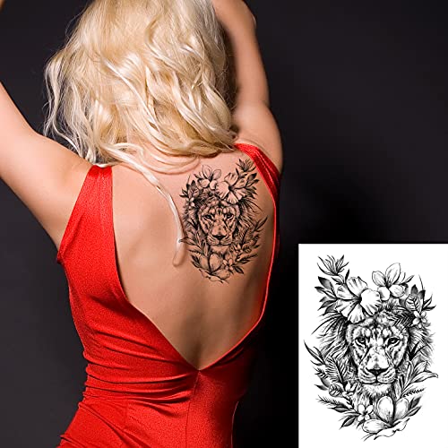 Kotbs 6 Sheets Black Tribal Realistic Animal Flower Temporary Tattoos For Men Women, Waterproof Tattoo Stickers For Teens Kids 3D Lion Tiger Leopard Bird Deer Pattern #TOP4