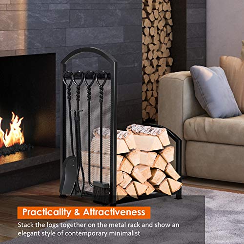 COSTWAY Fireplace Log Rack with Tong, Brush, Shovel and Poker, Iron Fireside Companion Set Firewood Storage Log Holder for Indoor Outdoor (with holder)