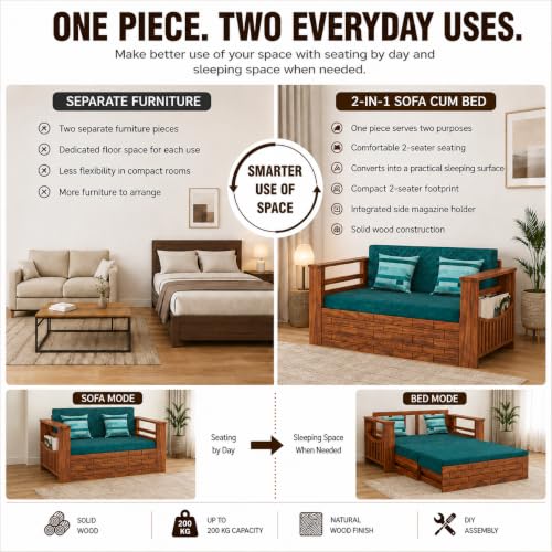 Image of Douceur Furnitures Solid Sheesham Wooden 2 Seater Sofa Cum Bed with Mattress & 2 Cushion and Side Pockets,Wood Foldable Convertible Sofa Diwan Cum Bed for Living Room and Bedroom,Natural Teak Finish