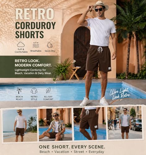 Image of Mens Corduroy Shorts Cotton Blend Lightweight Soft Summer Shorts Elastic Waist Beach Casual Short for Men with Pockets