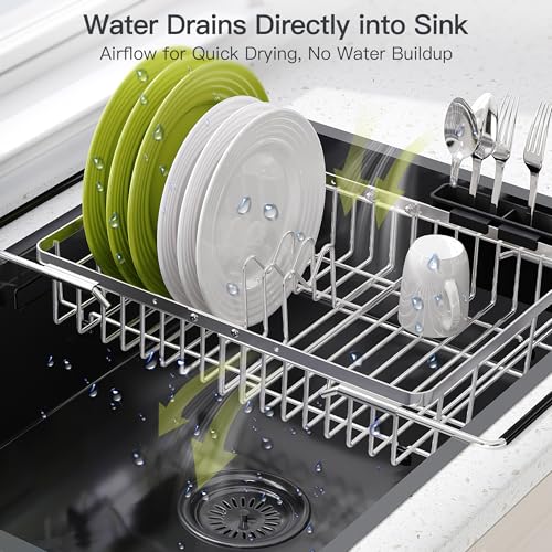 Image of JASIWAY Expandable Dish Drying Rack Over the Sink with Utensil Holder