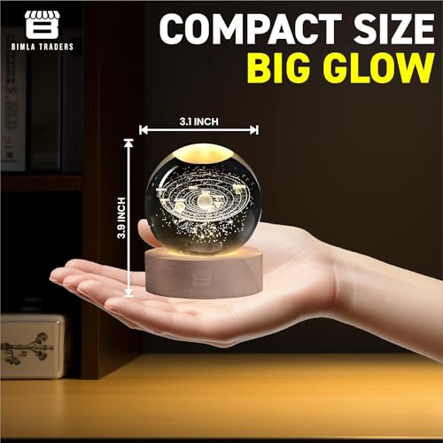 Image of 3D Solar System Crystal Ball Night Light, Planet Ball for Bedrooms, Table LED Lamp with Woodern Base for Teens Boys and Girls