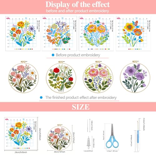Image of Zhenqing 4-Piece Floral Cross Stitch Kit for Beginners - 11CT 24x24cm Christmas Embroidery Set with Pre-Printed Fabric, Hoop, Threads & Tools(70526)
