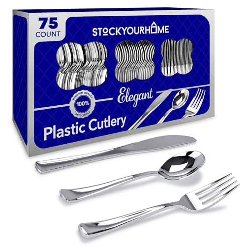 75 Pieces Heavy Duty (Silver) Plastic Silverware Set Disposable Cutlery Set Great for Parties Weddings and Catering Flatware Utensils Included: 25 Forks 25 Spoons 25 Knives Stock Your Home