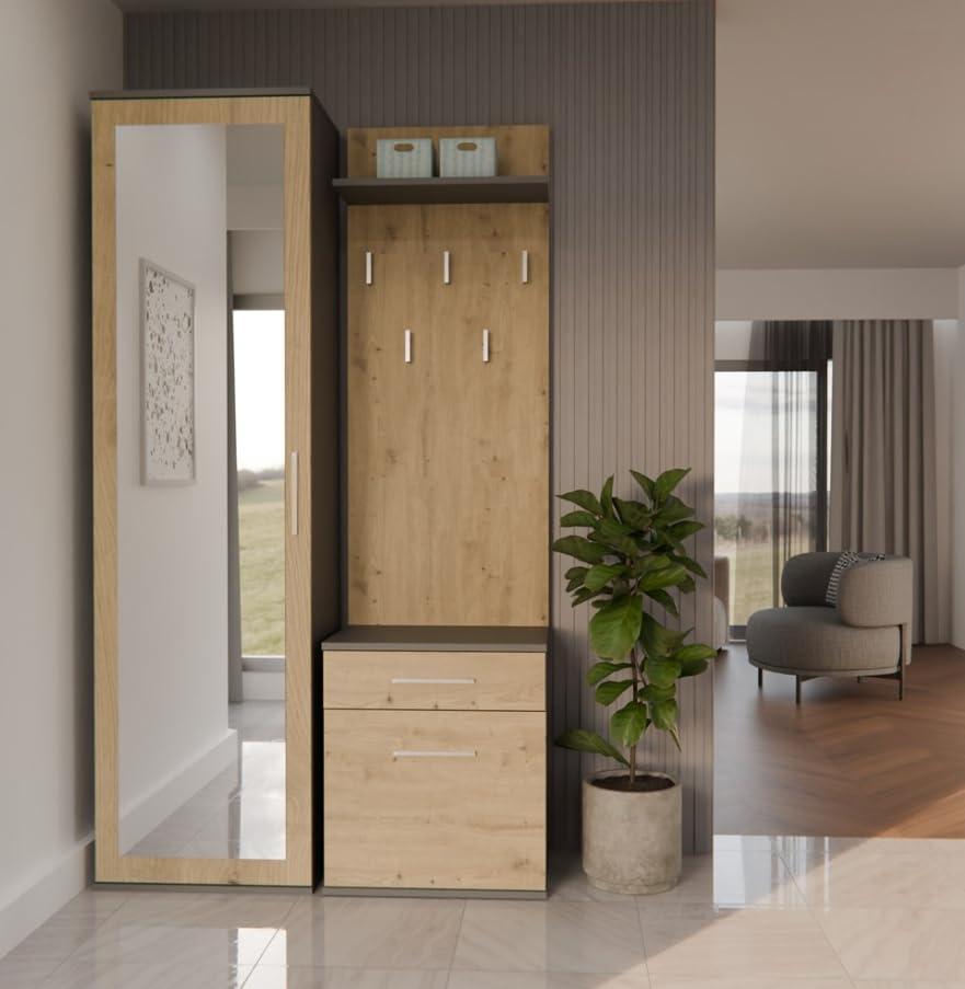 BDW Ensemble de porte-manteaux double avec miroir, armoire avec porte et tiroir, 5 crochets avec étagère, moderne, 180 x 100 x 35 cm (anthracite/chêne Artisan)