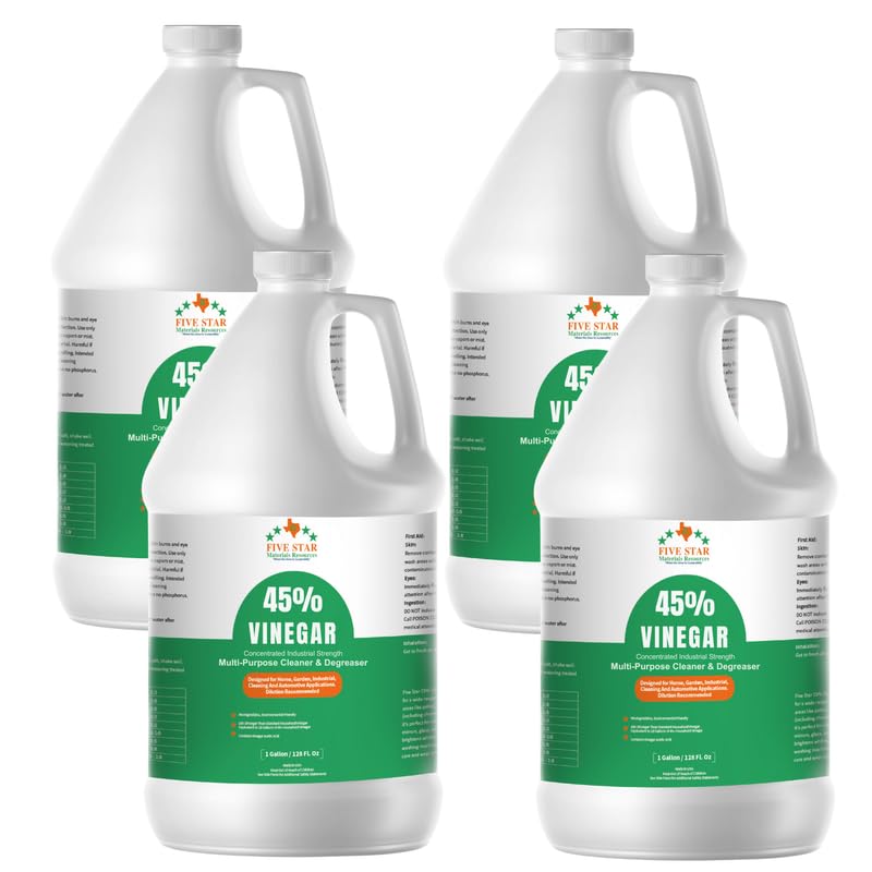 Image of FIVE STAR MATERIALS RESOURCES 45% Vinegar Concentrated | White Vinegar for Cleaning and Garden | Home, and Outdoor Pure | Max Performance 9X Power | with Instructions (4 Gallon (512 fl oz))