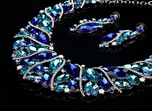 Hamer Bridal Link Costume Jewelry Crystal Choker Pendant Bib Statement Chain Charm Necklace And Earrings Sets (Blue) #TOP5