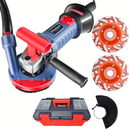 FANZWORK 1500W Betonschleifer Betonfräse Set, Drehzahlregelbar, inkl. Premium 125mm Diamantschleiftopf, Absaughaube, T-Förmiger Griff (Mit 2x125mm Schleiftöpfe)