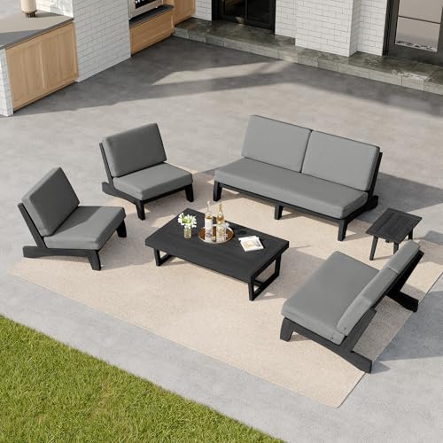 Image of Pia Ricoo 6-Piece Patio Furniture Set, Outdoor Wood Sofa with Loveseat, 2 Chairs, Coffee Table & Side Table, All-Weather Conversation Set for Backyard /Deck /Lawn - Gray /Dark