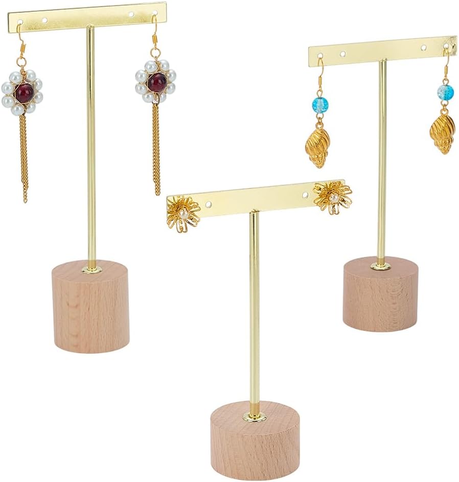 FINGERINSPIRE 3 Pcs Golden Metal T Bar Earring Display Stand 4.7/5.7/6.6inch Height Jewelry Stand with Wooden Round Base Earring Hanging Holders Jewelry Organizer for Store Retail Photography Props