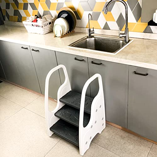 3 Step Stool for Toddler,Kids Three Step Stool for Bathroom Sink or Kitchen Counter, Children Step Up Learning Helper with Safety Handles and Non-Slip Pads,Grey by Wiifo - Image 6