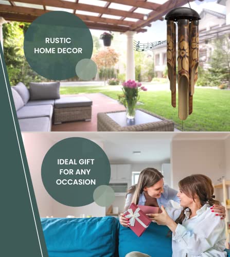 Nalulu Rustic Bamboo Wind Chimes - Outside Outdoor Wooden Windchimes, Medium, Floral Burned Design With Coconut Crown, Handcrafted With Calming Deep Tones, Home Decor Ideal Gift For Him & Her #TOP2