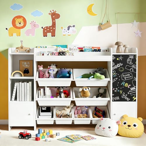Julyue Estantería infantil multifuncional con pizarra, 137 x 94,5 cm, estantería de almacenamiento con 2 compartimentos, 8 cajones, armario y cajas para juguetes y libros en la habitación de los niños