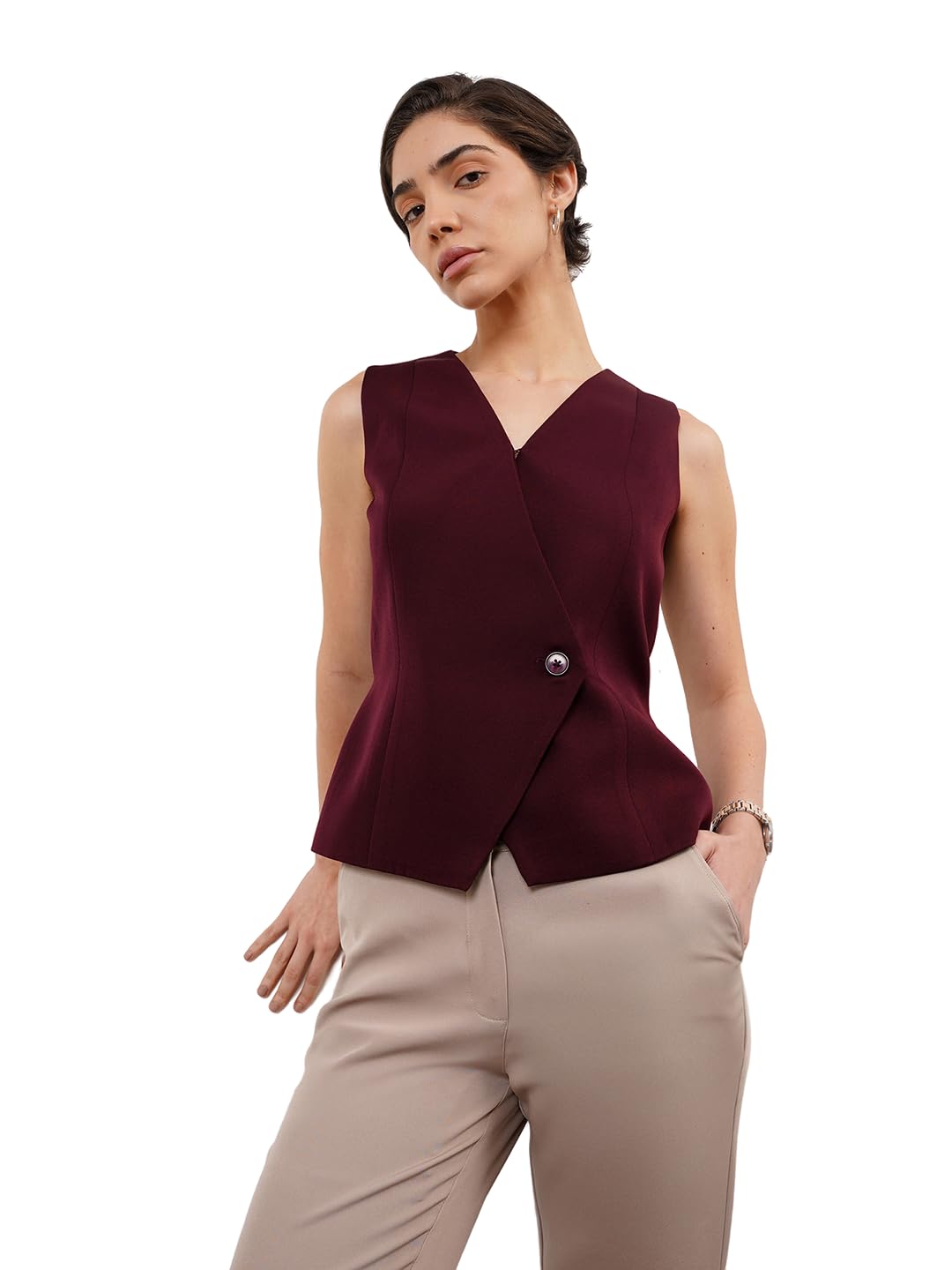 fablestreet Women Formal Waistcoat | Tailored Fit V-Neck Sleeveless Design with Belted Back & Single Button Closure | Smooth Woven Fabric for Office & Ceremonial Wear-picture-3