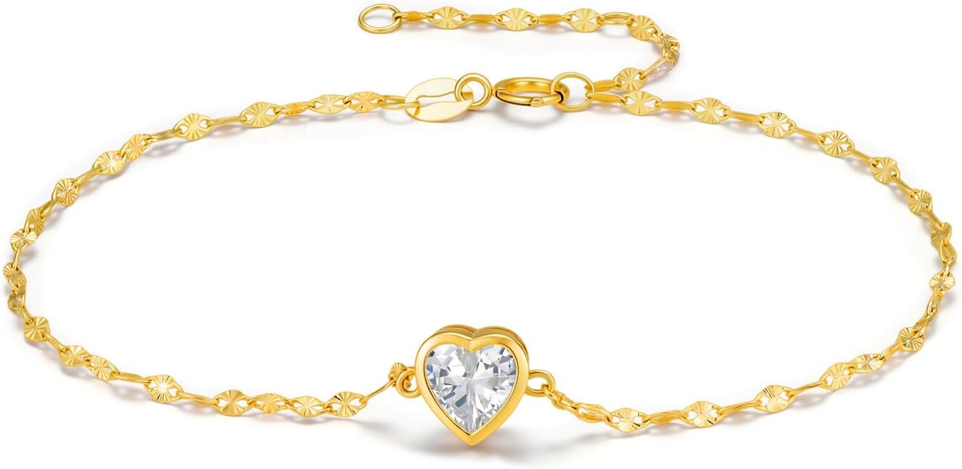 SISGEM 14k Gold Lip Chain Created Moissanite Heart Bracelet for Women, Real 14 Carat Jewelry Gifts for Her, 6.2-7.8 Inches