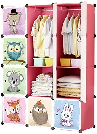 KOUSI Kids Dresser Kids Closet Portable Closet Wardrobe Children Bedroom Armoire Clothes Hanging Storage Rack Cube Organizer,Cute Cartoon,Safety & Large & Sturdy (Pink, 42"(W) x 14"(D) x 56"(H))