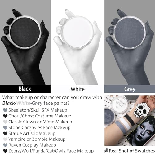 White Black Grey Skeleton Makeup Face Body Paint, Skull Face Painting Kit with Painting Brushes for Halloween, Water Based Face Paints for Goth Ghoul Clown Wolf & Statue SFX Cosplay Stage Make-Up - Thumbnail 3