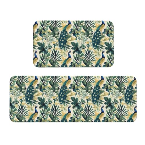 Antifatigue Kitchen Mats for Floor 2 Piece - Green Plant Peacock Print Kitchen Rugs Washable, Non Slip Runner Rug Standing Mat for Office/Bathroom/Laundry/Home Decor and Accessories