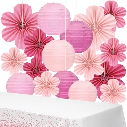 20 Pack Pink Paper Fans Hanging Ornaments,Paper Flowers Decorations For Wall Kit With 9Paper Lanterns 9Fan Flower& 2Party Tablecloths For Graduation Ceremony Wedding Party Decorations