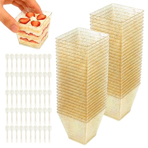 Utoclec Vasitos Para Postres, 50 Piezas 70ml Diy Plastico Vasitos Con Cucharas, Aperitivos Transparentes Reutilizables Para Pudín, Mousse, Helado, Cumpleaños, Bodas