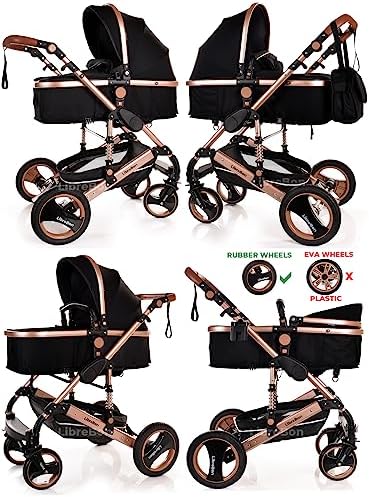 Baby Stroller 3 in 1 Pram Pushchair Buggy Child Lightweight Folding Stroller 3 in 1 Travel System Pram for Newborns Toddlers 0-36 Months from Birth Aluminium (Black - Rose Gold Frame)