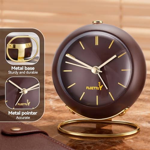 Image of FLOITTUY Silent Table Analog Alarm Clock No Ticking, Lighted on Demand and Battery Operated, Beep Sounds, Small Desk Clock(Cocoa Brown)