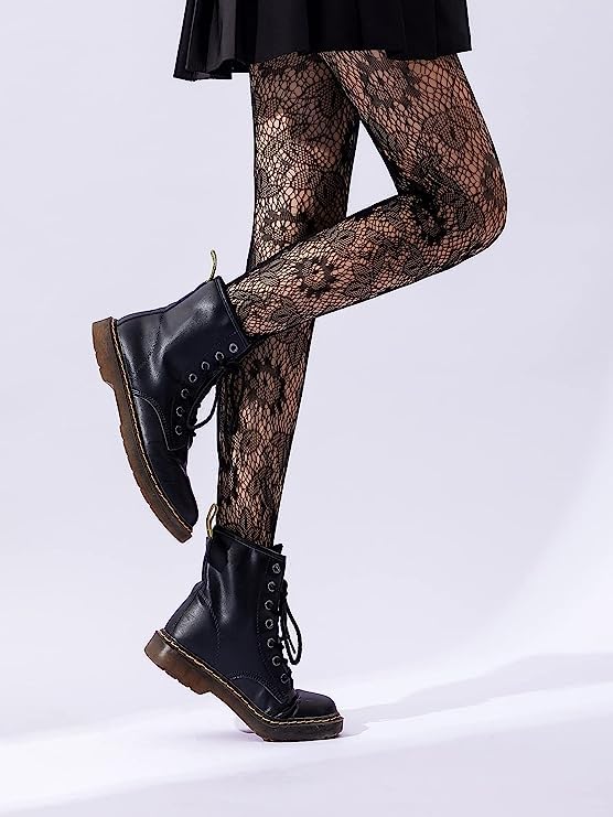 Image of Women's Patterned Tights, 3 Pairs, Floral Design, Fishnet with Stars and Moon, One Size