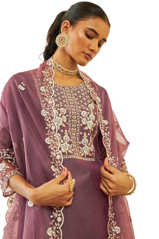Image of Soch Womens Onion Pink Chanderi Floral Embroidered Straight Suit Set with Sheer Panels