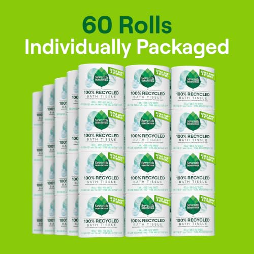 Image of Seventh Generation White Toilet Paper 2-ply 100% Recycled Paper, 500 sheets, Pack of 60 | 500 Sheets Per Roll, Extra Soft & Strong for Home & RV, Whitened without Chlorine Bleach, No Dyes or Fragrances, Septic Safe