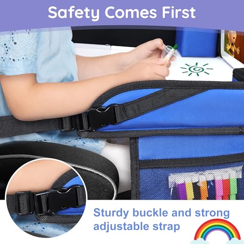 Image of Kids Travel Tray, 2Pcs Car Seat Lap Tray for Toddlers, Road Trip Essentials for Car & Airplane Activities, Portable Organizer with Drawing Kit & Snack Compartments & Markers, Blue