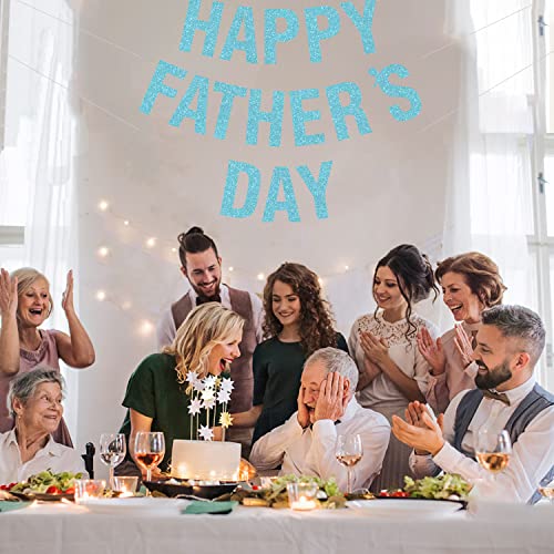 Image of Happy Father's Day Glitter Blue Banner Bunting Banner for Dad Father's Party Decorations Backdrop Garland for Father's Day (Light Blue)
