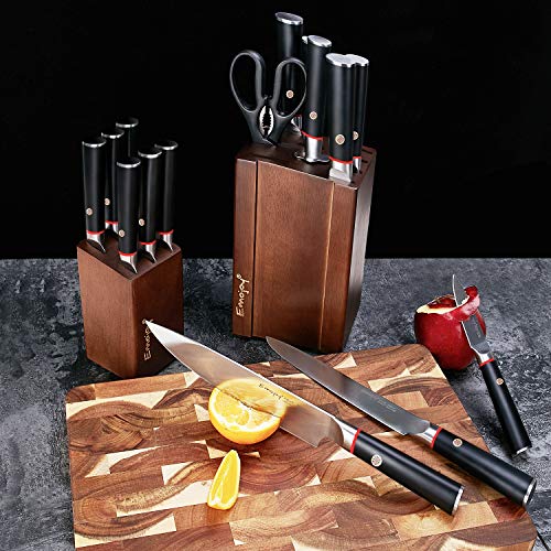 Knife Set, Kitchen Knife Set with Craving Fork and Detachable Wooden Block, 16-Piece German Stainless Steel Kitchen Knives Sharpener and Scissors Block Set, Emojoy