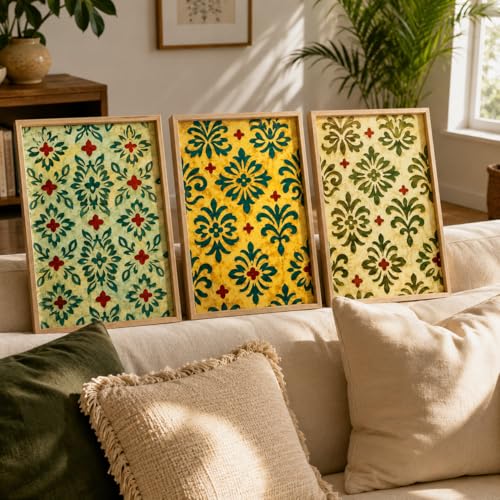 Image of Livin'luxe Set of 3 Green Floral Pattern Wall Paintings for Living Room Bedroom Hallway Home Decor with Premium Wooden Color Synthetic Frame (25.5 x 19.5 Inch) NM03-77
