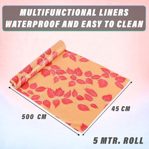 Image of Kuber Industries 5 Meters Waterproof & Durable Kitchen Mats for Shelf Liner Roll | Wipeable Fridge Sheets for Shelves Cabinet Drawer | Red Flower - Mustard Yellow